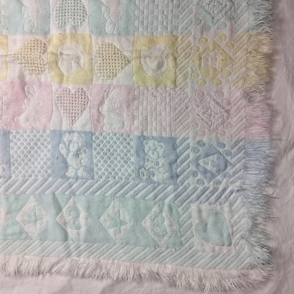 Vtg Pastel Tapestry Baby Blanket Fringe Pink‎ Blue Yellow Green Bear 1 2 3 A B C